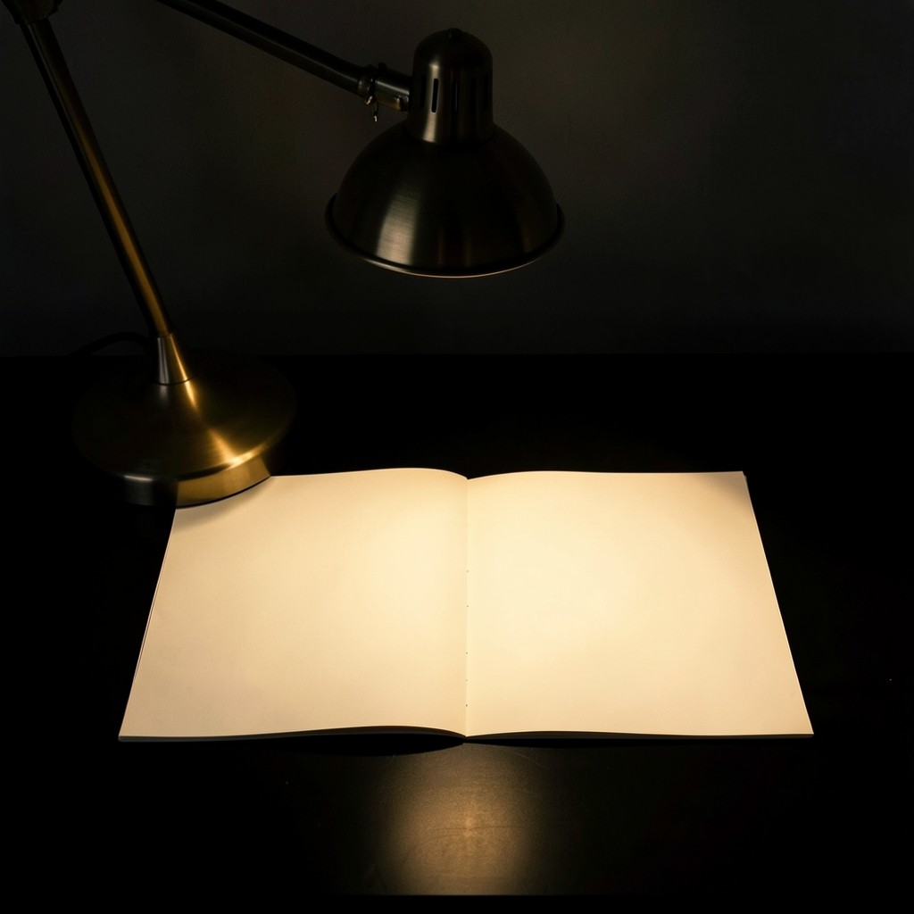 Two contrasting printed charts under a single desk lamp