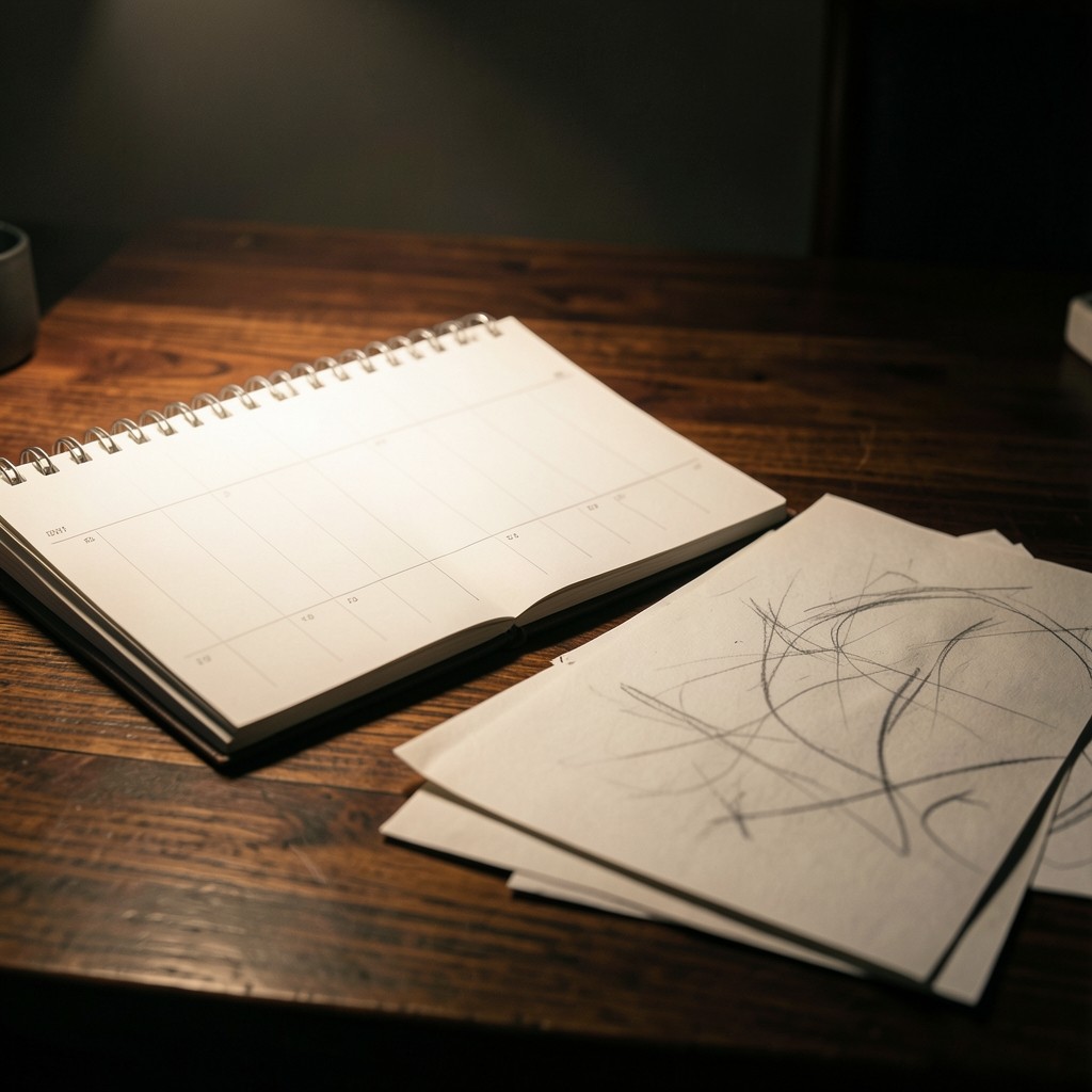 Calendar pages and conversion path sketches on a dark desk