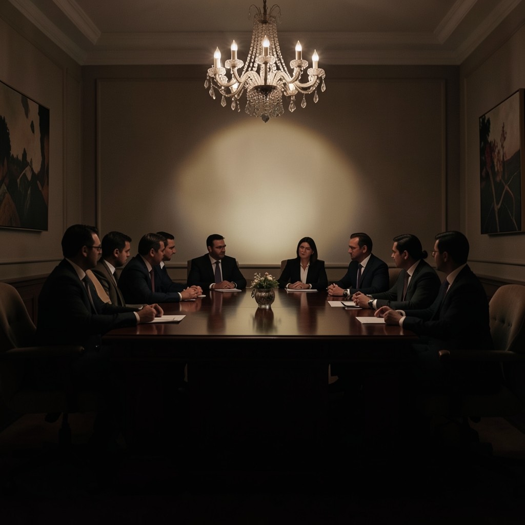 Campaign review meeting with charts projected in a dim conference room