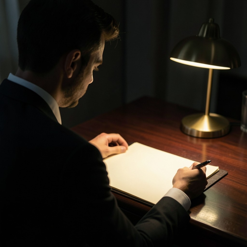 Campaign manager reviewing printed attribution charts on a dark wood desk