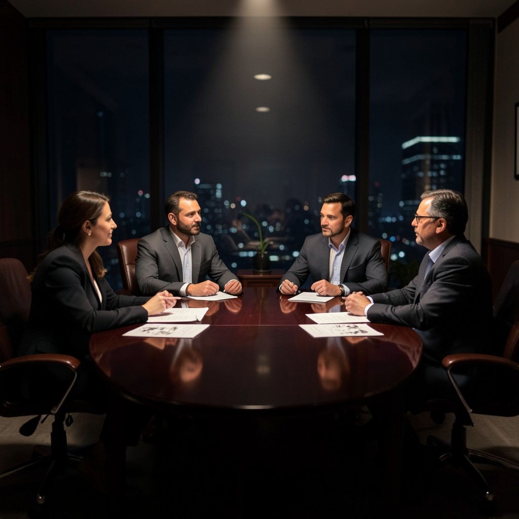 Team seated around a conference table reviewing large printed charts
