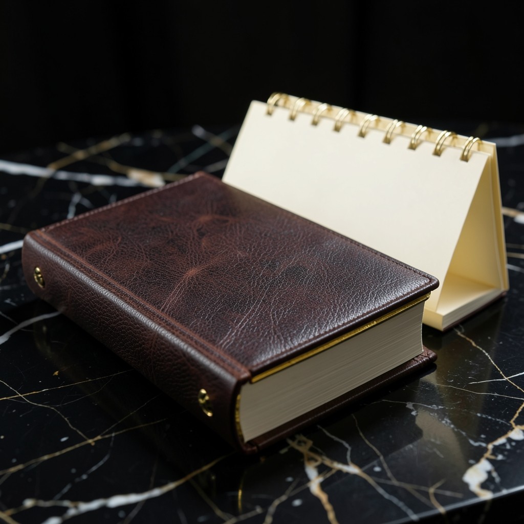 Quarterly report binder and calendar on a dark marble surface
